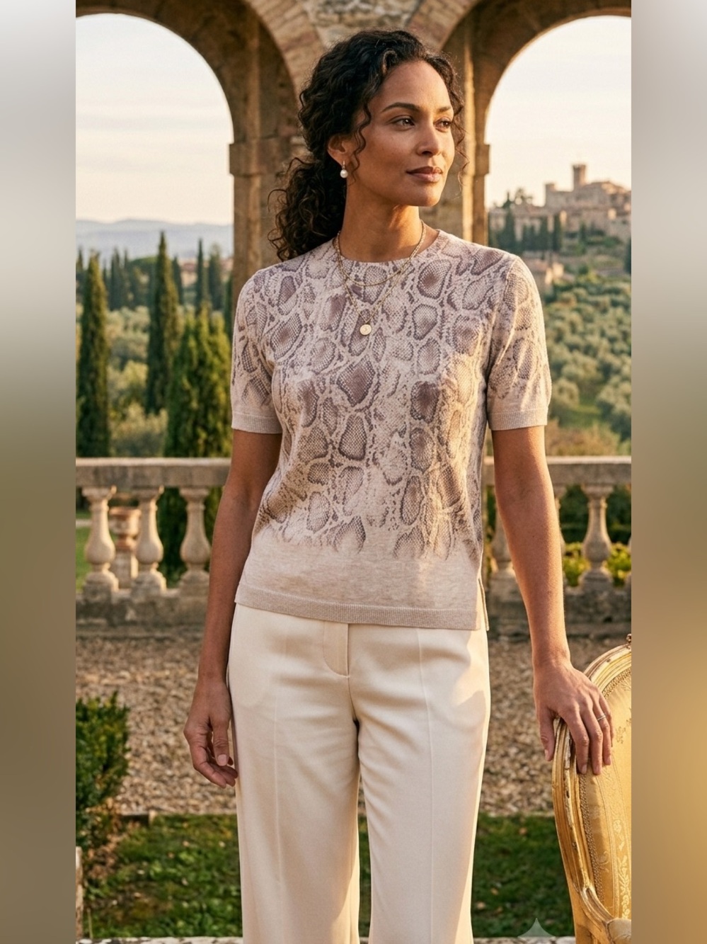 New Kobi Halperin Snake-Print Short Sleeve Top Sweater